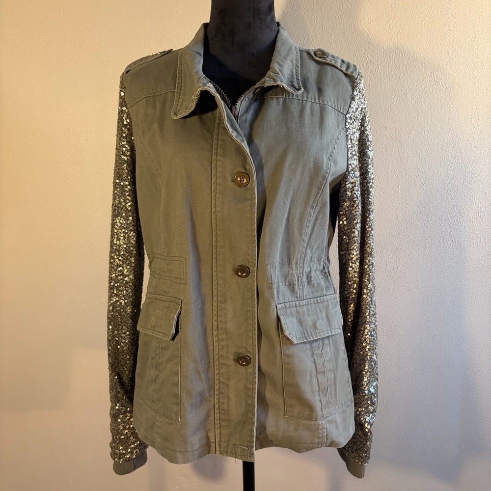 Quinn Olive Green Utility Jacket Sequin Sleeves Snap Pockets Military Anorak L - Picture 3 of 16